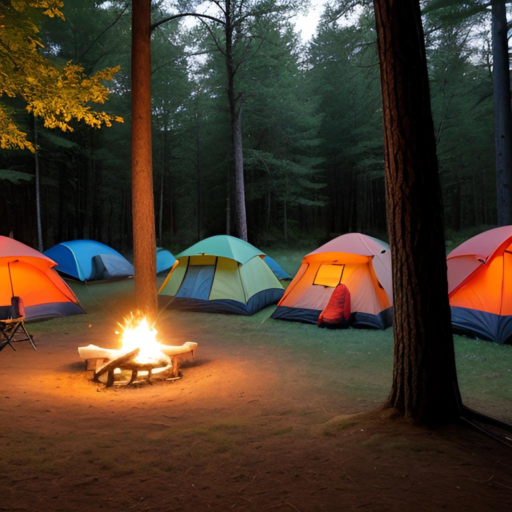At a top-notch campsite in Waynesboro, a gathering of campers share stories and laughter around a crackling campfire amidst towering trees and lush greenery, encapsulating the essence of a rejuvenating camping escape.