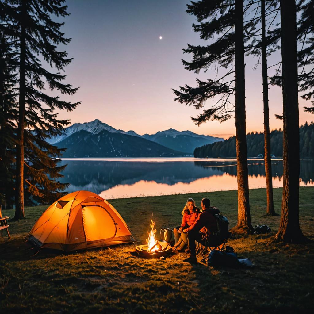At Camping Utting am Ammersee in Munich, a couple savors a serene evening in their spacious tent amidst a picturesque sunset, with their campfire casting warmth and their hiking gear at the ready, symbolizing their contentment in nature's peace.