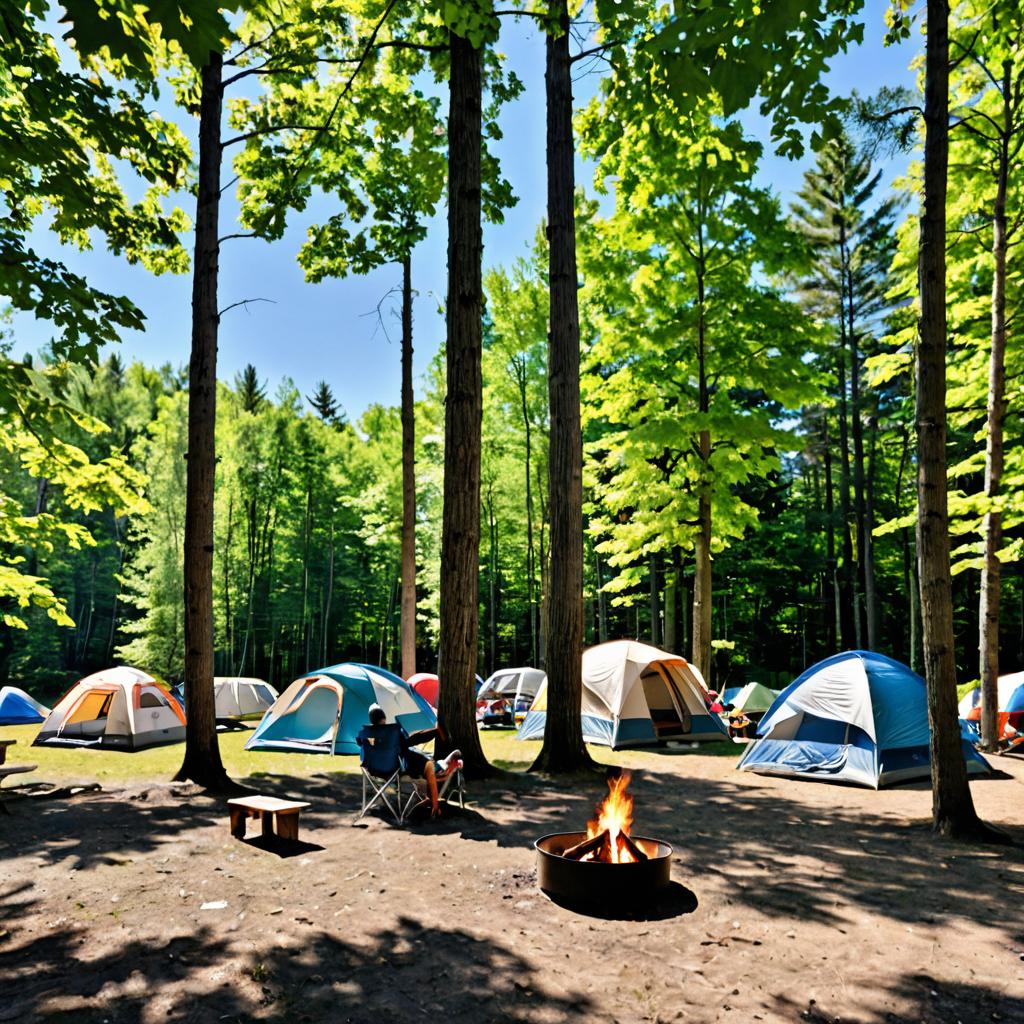 The image portrays a peaceful Camping Paradis campsite in Ottawa Gatineau, with green trees and a clear blue sky backdrop; it features various tents with picnic tables and flush toilets, campers gathered around a fire, and someone setting up an eco-friendly tent, all encapsulating a serene, nature-preserving escape.