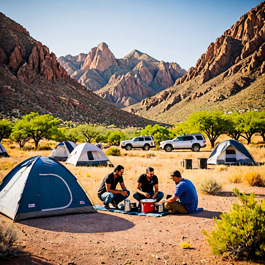 A joyful camping group sets up tents amidst El Paso's Rabbit Valley's breathtaking deserts and mountains, eager to embark on hikes, savor local food, and appreciate nature's tranquility following their arrival.