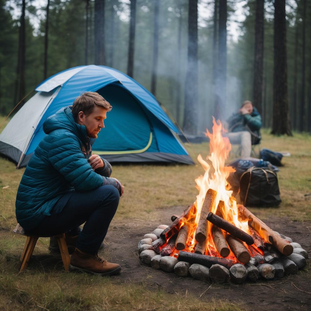 A novice camper sits disheartened by his failed attempt to start a fire at a Kassel campsite in Germany, with charred sausages and an unused tent behind him, as others enjoy their camping experience in the background.