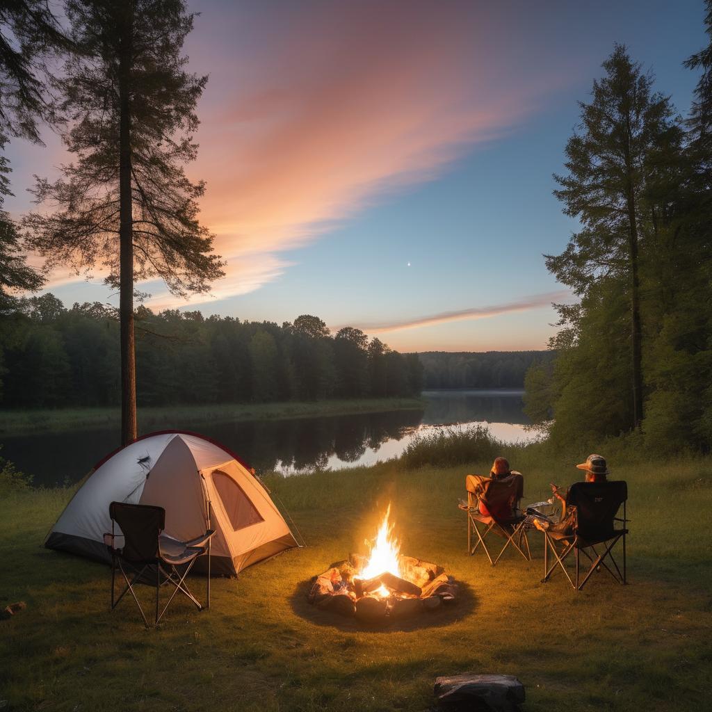 At Halle's campground in Germany, two friends dine and converse by a fire, one with sausages sizzling, as a serene setting boasts clear skies, trees, a distant river reflecting the golden sunset, and their tidy tent amidst peaceful surroundings, cherishing their escape from daily life's stresses.