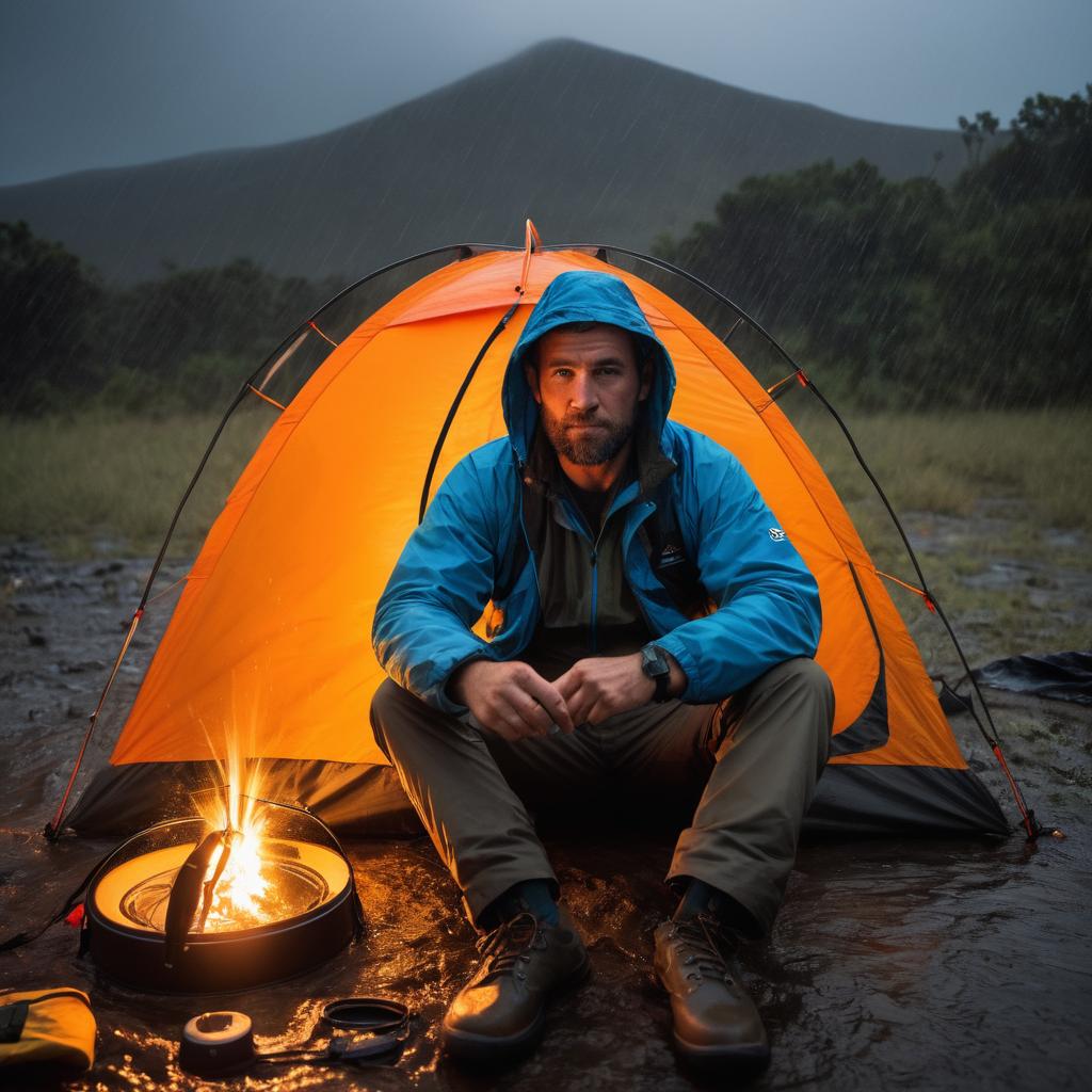 During a violent storm, Rafael England, a renowned survivalist and outdoor YouTuber, sits inside his dry tent with a JBL Clip 3 speaker for comfort, gazing at the illuminated yet ominous sky filled with lightning while outside, tents fly in the wind; his soaked slippers contrast the undamaged camping gear within. An approaching car with headlights pierces the darkness.