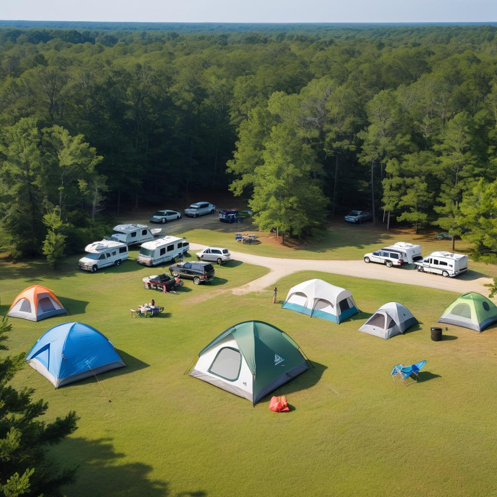 An aerial image captures a tranquil Newport News Park Campground scene with multiple tents pitched amidst greenery, featuring nearby amenities such as electricity hookups and a picnic table, while the woodland trail signifies exploration opportunities.