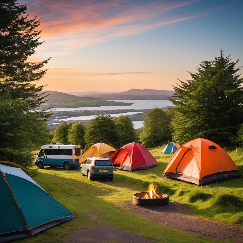 This image depicts a serene campsite in Belfast, Northern Ireland, nestled amidst verdant landscapes and mountain ranges. Early morning sunlight bathes the site as campers prepare for adventures, tents pitched and fires burning safely. Campers carry provisions while city views and a bus stop hint at accessibility. A tranquil scene of outdoor camaraderie.