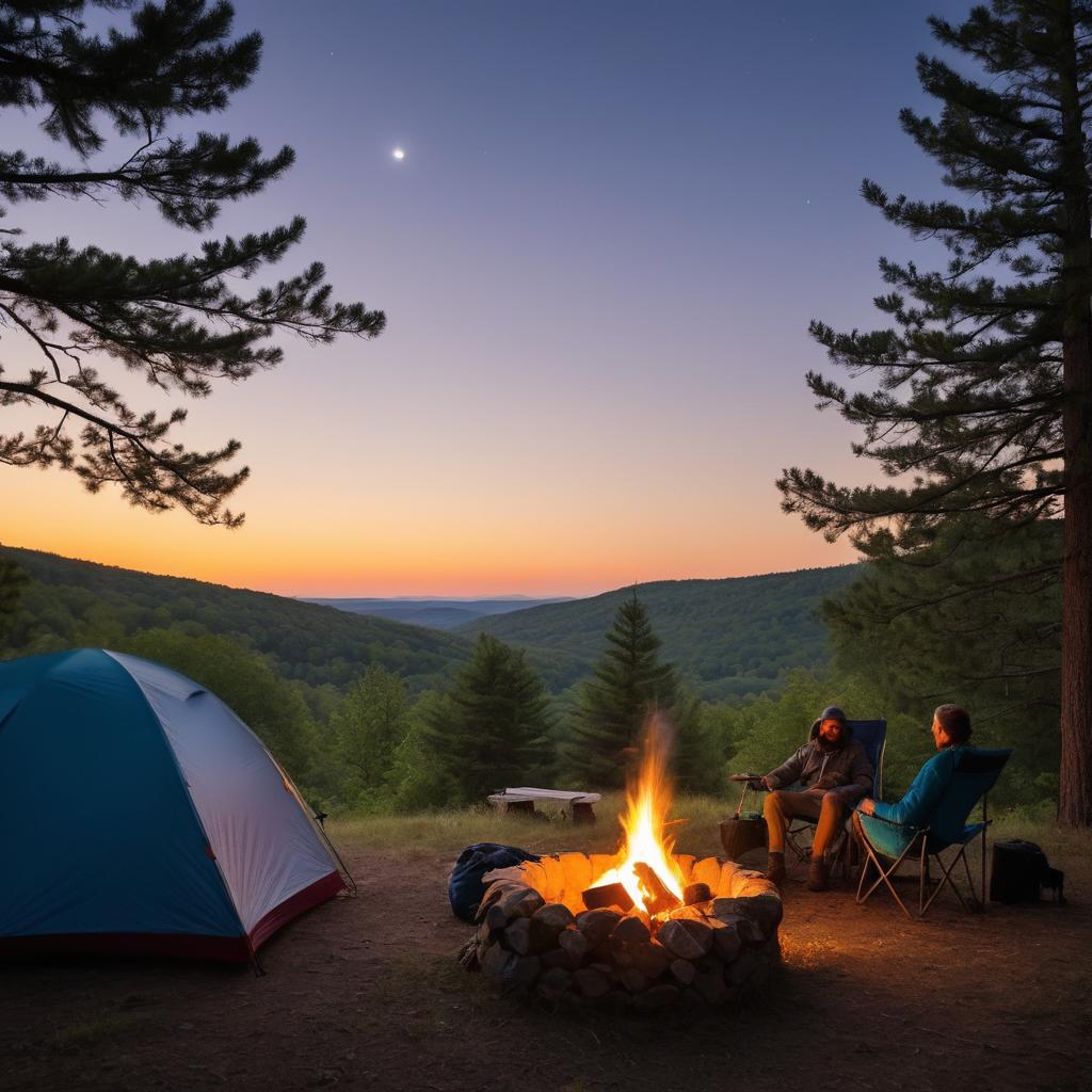Two friends enjoy a picturesque campsite in Shrewsbury, surrounded by nature and their gear, with a tent, fire, lantern, wine, and laughter as the sun sets and fellow campers can be heard nearby.