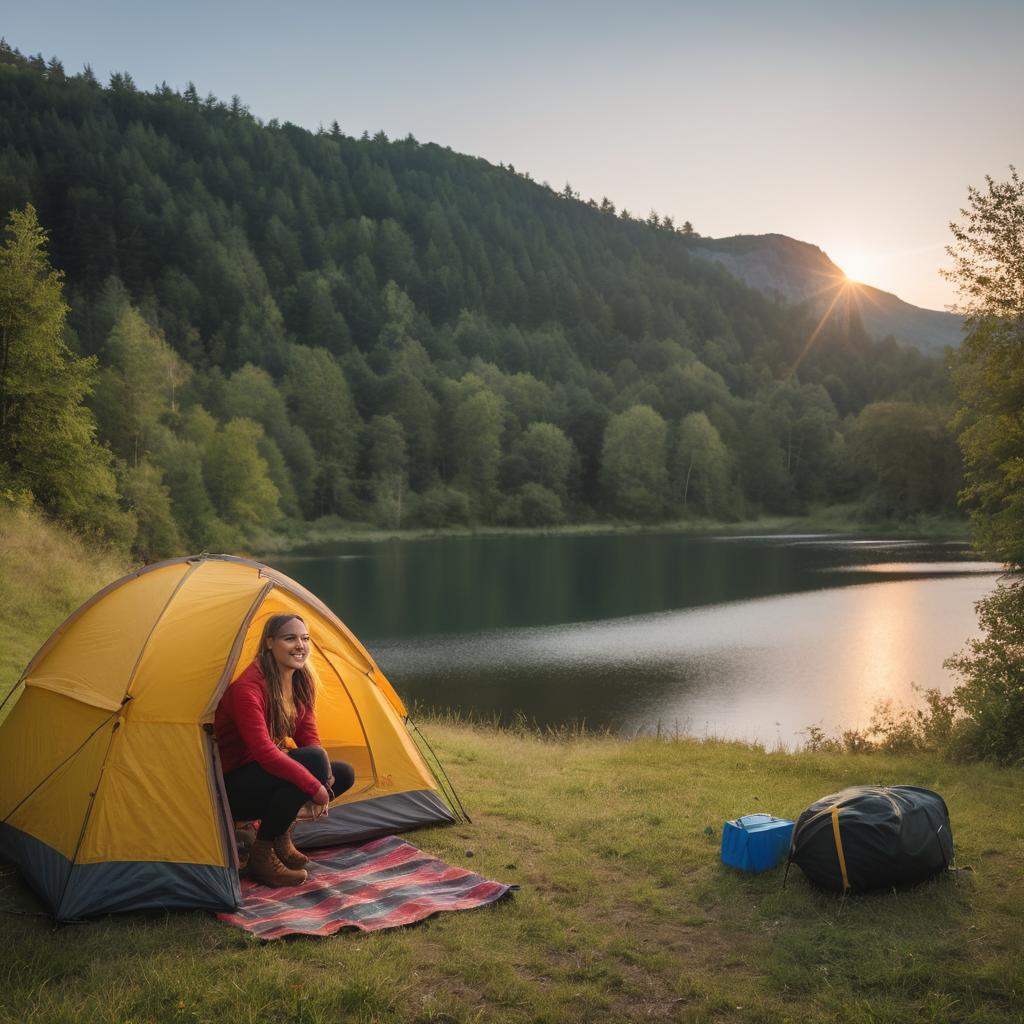 A serene image of Ella Carr, beaming with joy at Campingplatz Gut Halfeshof in Wuppertal, Germany, as the sun sets, surrounded by a tranquil forest and listening to nearby water while embracing the affordability of nature's retreat near city attractions.