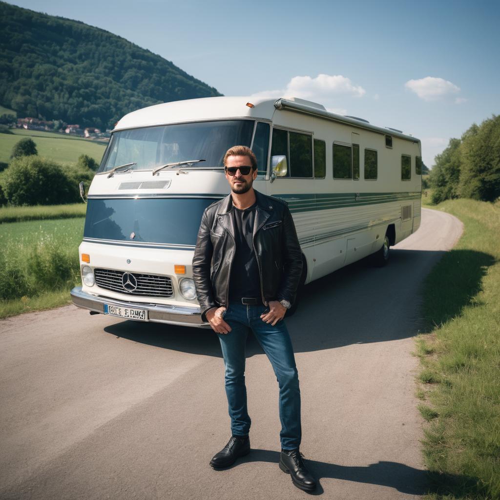A man named Weston Rhodes, clad in a leather jacket and sunglasses, stands by an old Mercedes motorhome labeled 'Hilsbachtal,' amidst Ludwigshafen am Rhein's verdant landscape, with the sunlit River Rhine flowing in the background.