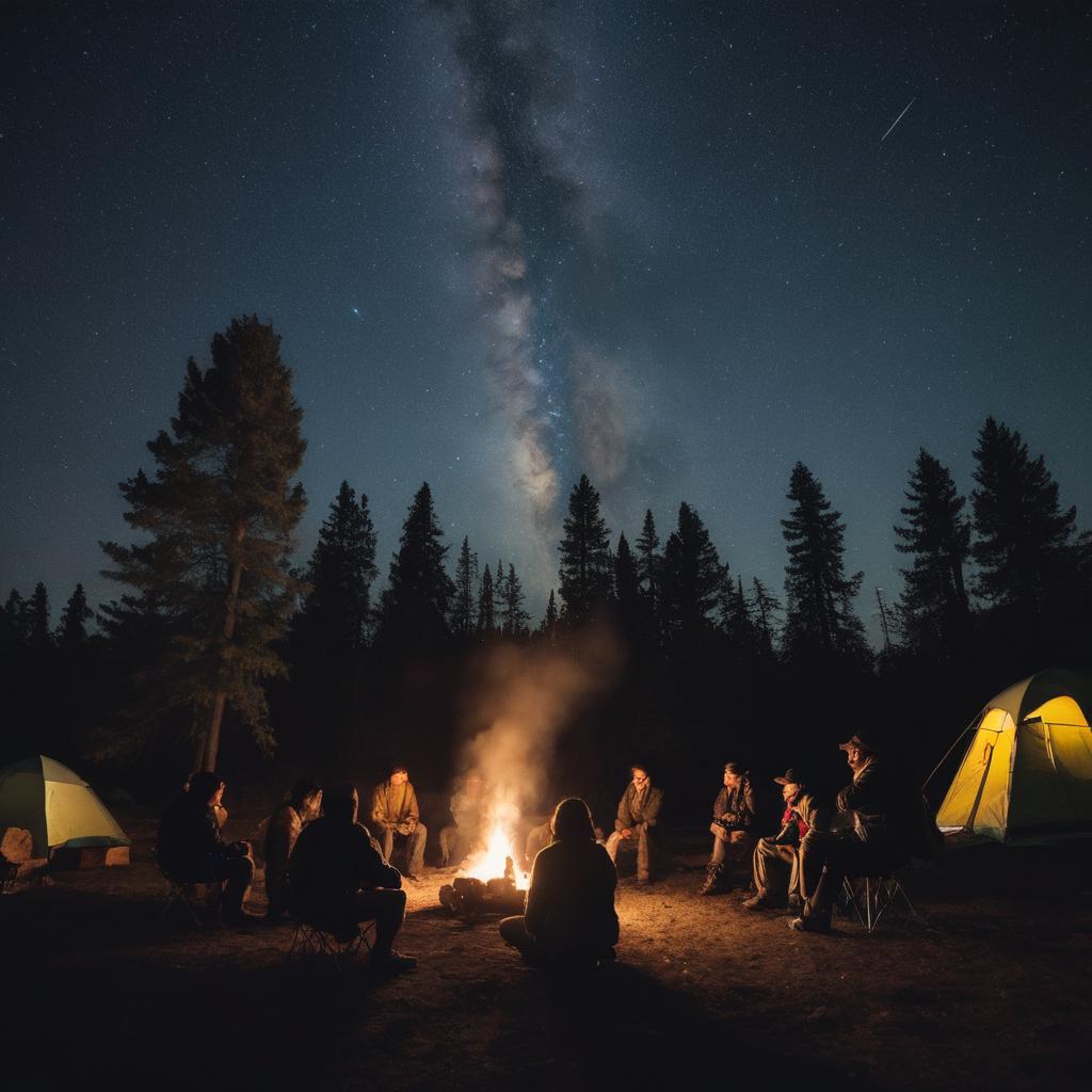 Campers huddle around a crackling campfire at Pomo Canyo Environmental Camp, their shadowed silhouettes exchanging tales as they gaze up at the clear night sky, where stars twinkle and the Milky Way glows, emphasizing nature's splendor while reinforcing environmental stewardship.