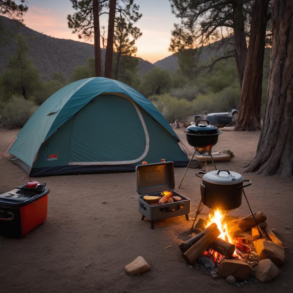 A tent camper in El Cajon is pictured inside their cozy abode, basking in the glow of a nearby campfire as they enjoy the peacefulness of nature, surrounded by essential gear and the comforting sight of fellow campsites in the background.