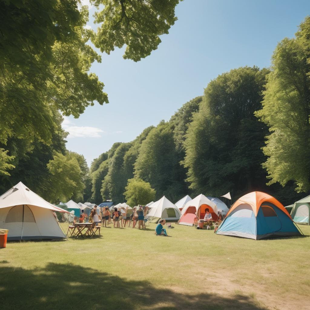 Campers pitch tents on Montreuil's lush grass, surrounded by natural beauty with Parc de la Plage's beach access and picnic table shared meals visible in the background, while some explore nearby forest amidst peaceful atmosphere and stunning views.