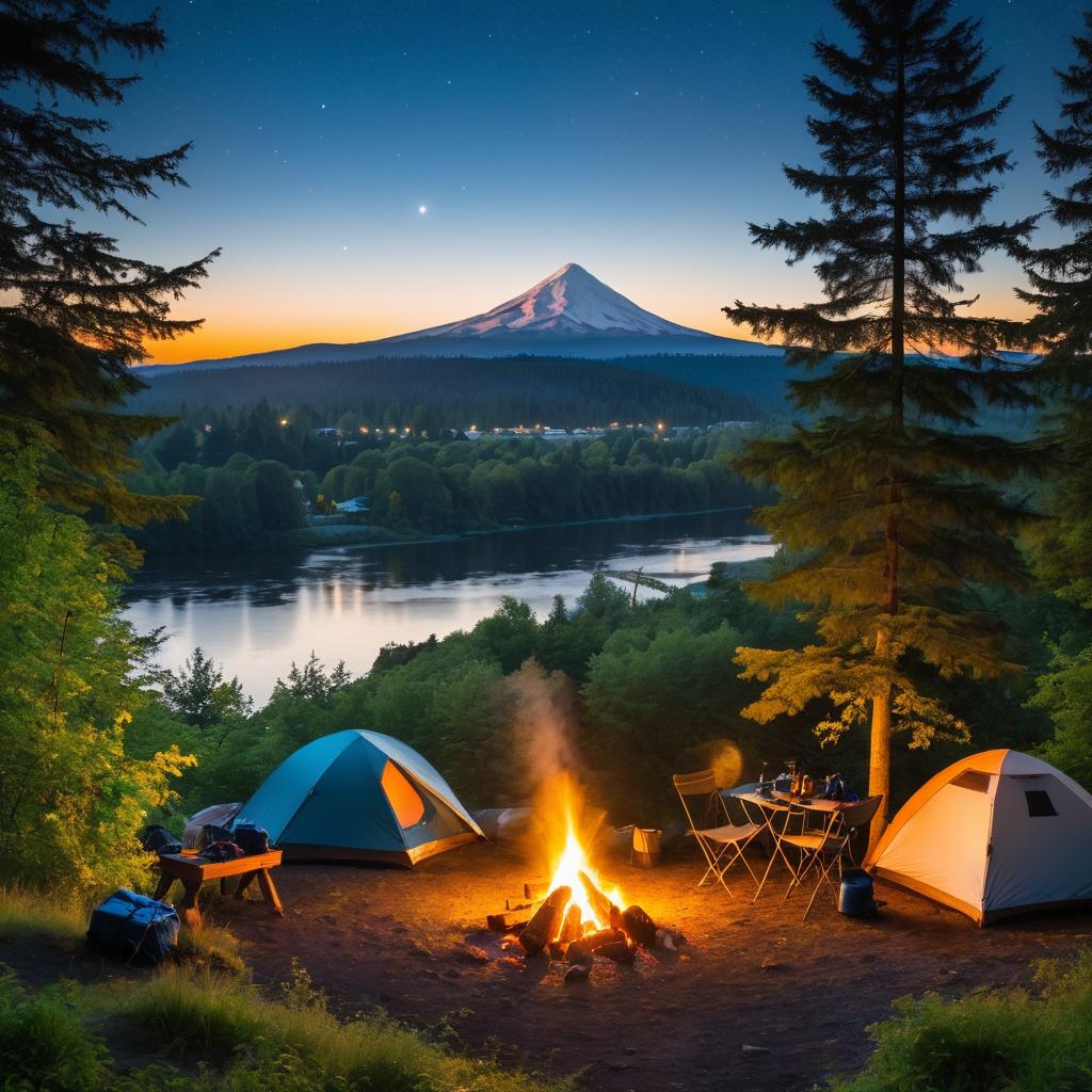 The image shows a tented camping site in Portland with a lit bonfire, surrounded by greenery, a nearby river, clear night sky filled with stars, and the distant city lights, representing the harmonious combination of nature and urban comforts.
