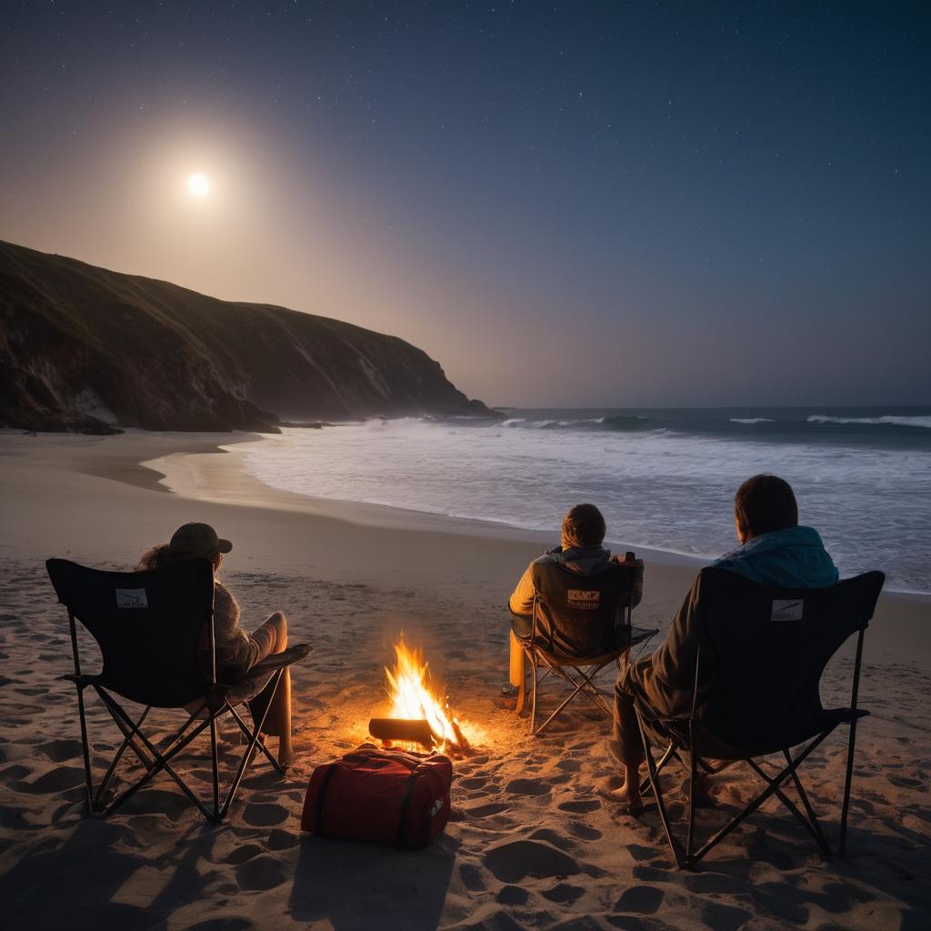 Friends or family smile around a beachside campfire in Oceanside, with tents, fire, and moonlit waves creating a serene scene of adventure and relaxation.