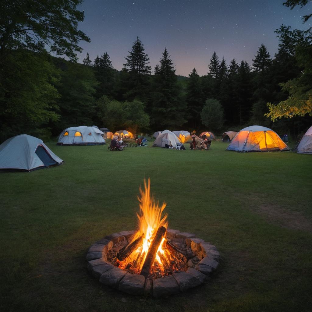 A tranquil campsite at Ynyshir Farm, Wirral, Wales, features numerous tents amidst greenery, a creekside backdrop, and communal amenities for an immersive camping experience under the stars.
