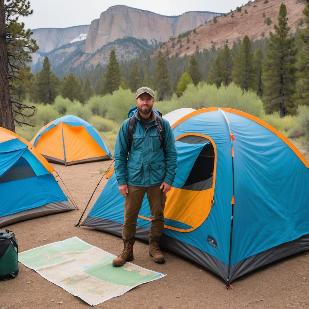 Stephen Richard, an outdoor YouTuber, is shown at his campsite in Elk Grove with his back towards the camera, overlooking a stunning canyon landscape. His tent is filled with camping gear, and a map displays highlighted trails to Leland and Lapeer, emphasizing the trailhead leading to Lake Elkhorn. (Text box: 
