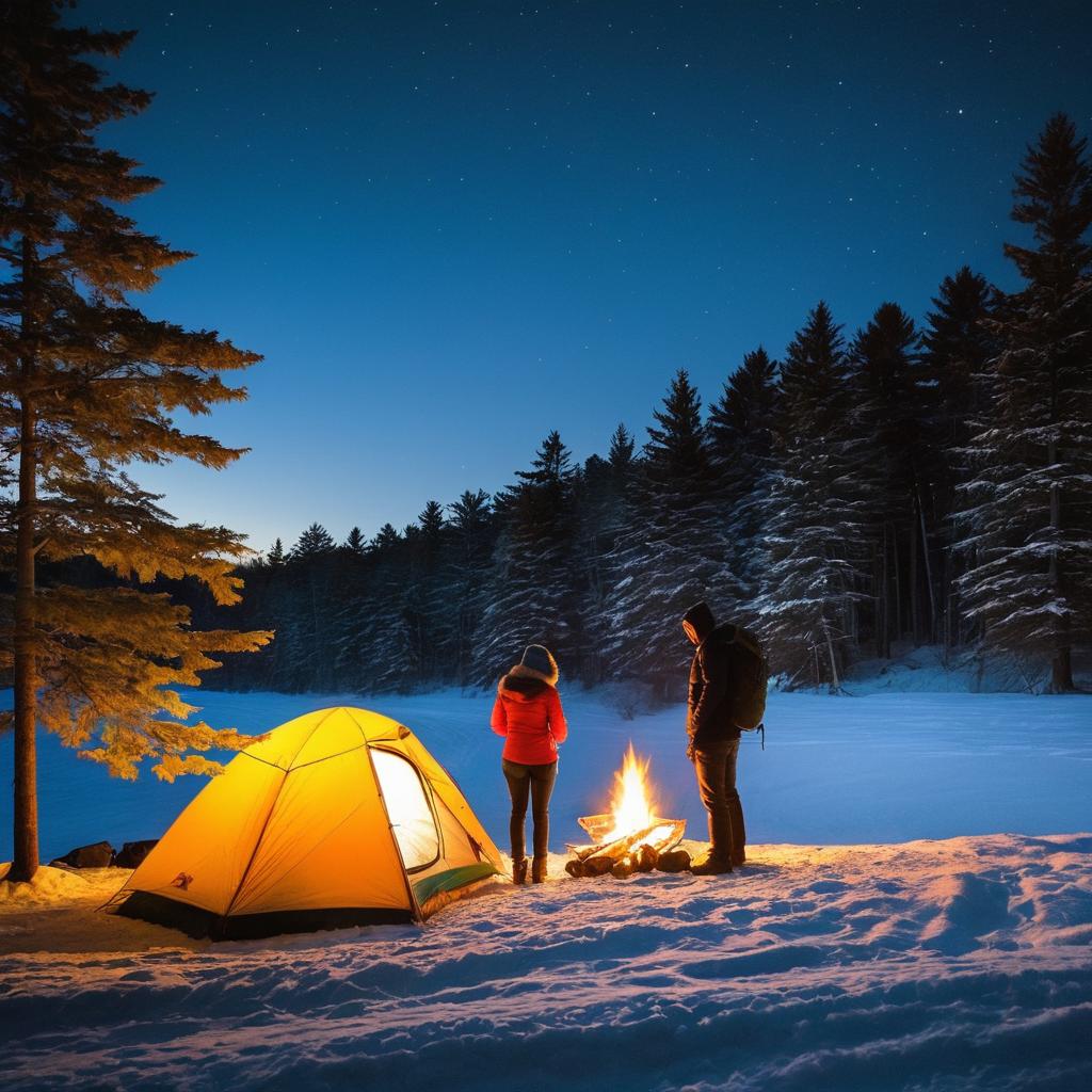 A couple stands before their tent at Sandaraska Park's chilly winter campground in Oshawa, Canada, preparing for the night; they warmly gather around a fire as city lights shimmer, their gear includes a guidebook and essentials.