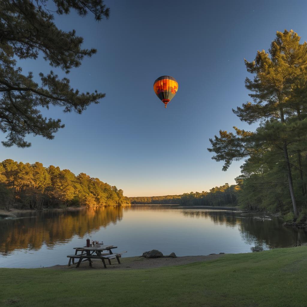 A picturesque campground at Sweeetwater Creek State Park comes alive with laughter and warmth during twilight, as families gather around a bonfire, tents dot the lush grass under pine trees, a lake reflects the setting sun's orange hues, and kayakers paddle nearby; the scene is completed by a couple sharing dinner, a hot air balloon taking off, and the campground sign welcoming visitors.