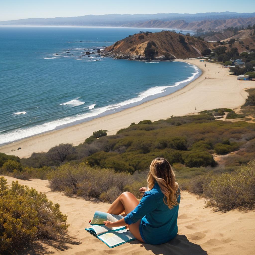 Zoey Prince, a local travel guide in Parsons Landing, Torrance, consults her book about campsites with the city's coastline, beaches, and KOA campground at Los Angeles/Pomona/Fairplex visible behind, as sun rises, highlighting a tent nearby among sand dunes and waves.