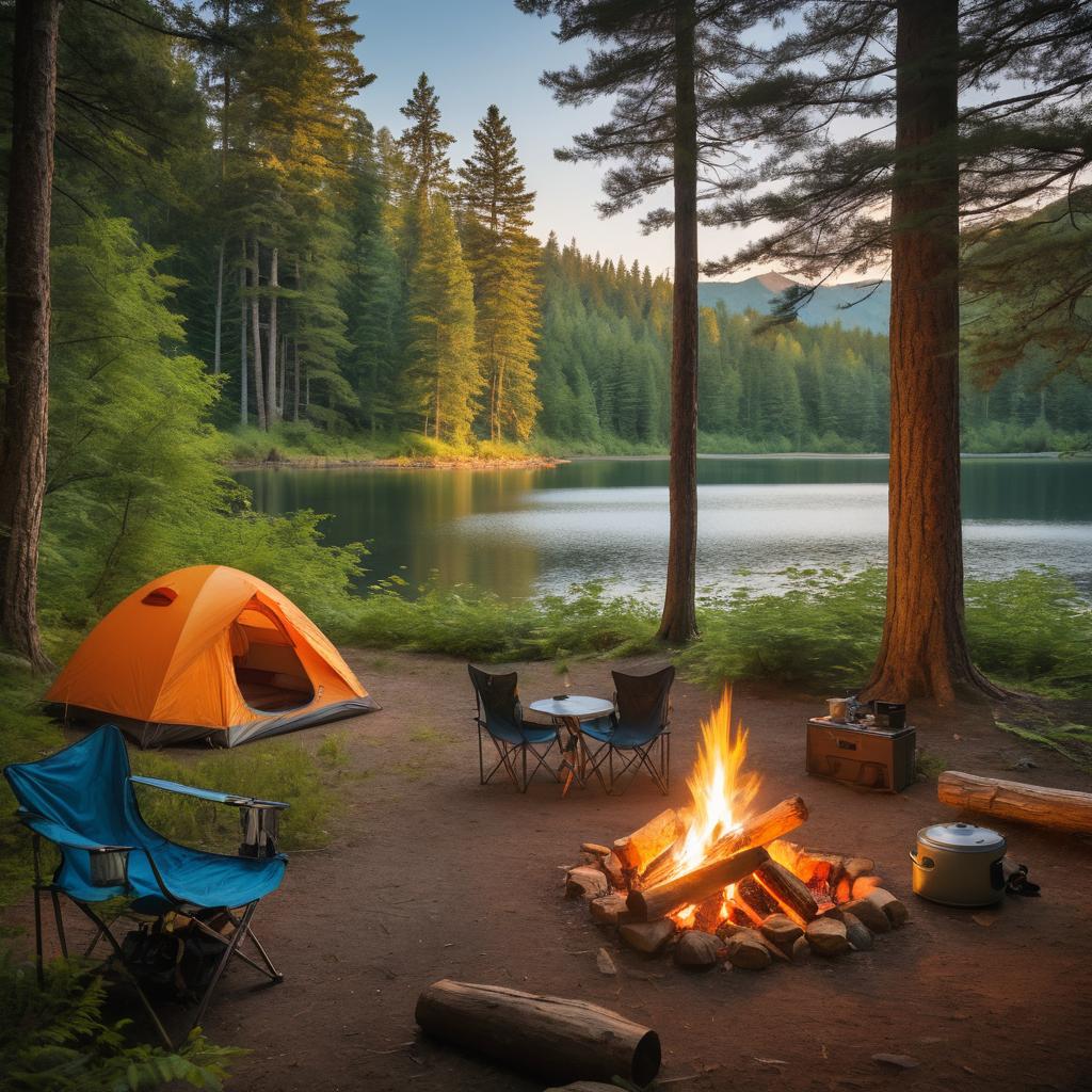 A serene campsite by a lake surrounded by tall trees and vibrant foliage features two pitched tents, a campfire, and YouTuber Nolan O'Connor sharing his expertise amidst happy campers.