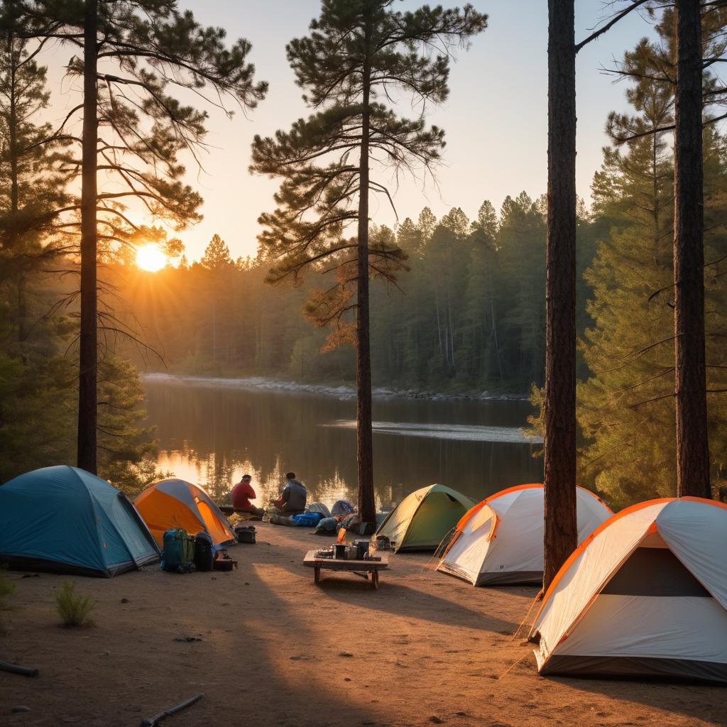 A scenic photograph displays a camping group pitching tents amidst Wildfire campsite trees, with sun setting and river nearby, preparations underway for evening by downtown Conway's edge (10.8 miles).