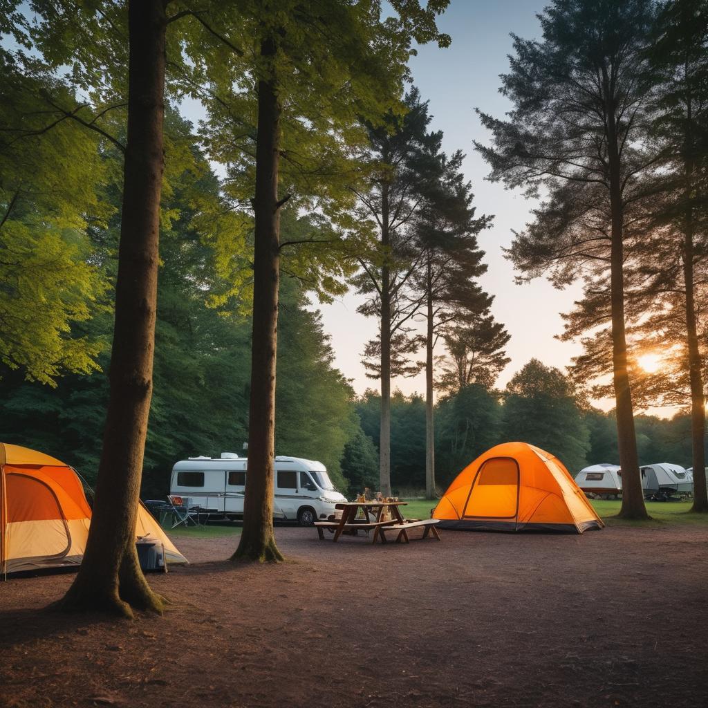 At Nottingham's tranquil campsite, tents nestle under trees, campers gather around a roaring fire, an RV stands by, and the city skyline silently waits beyond, offering a picturesque blend of nature and urbanity.