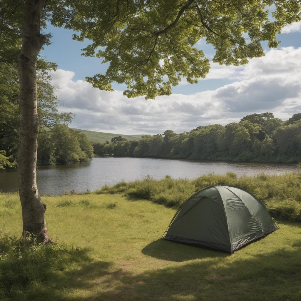 In this tranquil image, a tent nestles among verdant foliage by Edinburgh's Cashel Campground, nearby a babbling brook and picturesque Scottish highlands; the occupants' readied backpack hints at impending adventure amidst the partly cloudy sky.