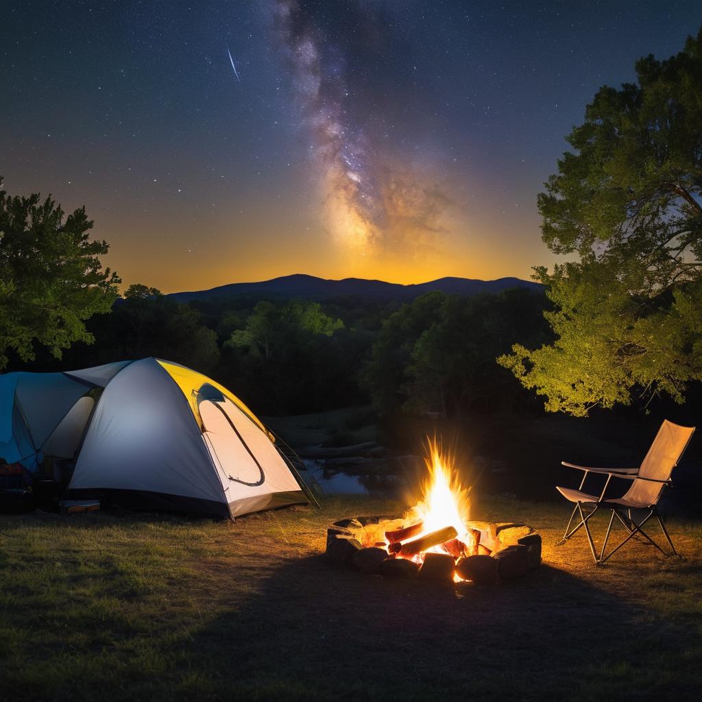 A tranquil Bergheim Campground scene in Fredericksburg showcases tents on grass, a crackling campfire, snacks table, lantern, chatting campers, and Texas hills under the starry night sky. (Caption: 