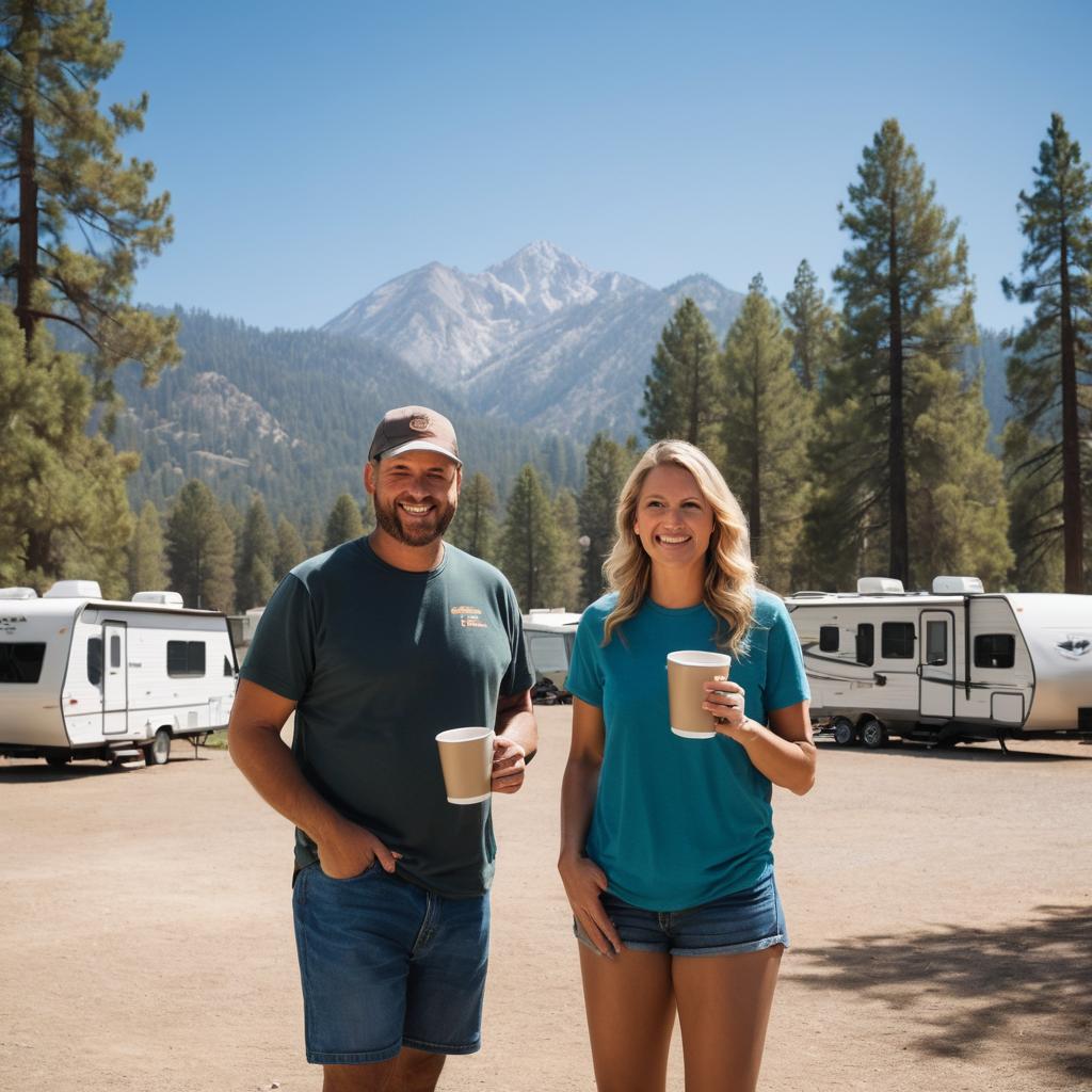 A couple smiles at their RV site in Visalia's well-equipped campground amidst Sequoia National Forest mountains, surrounded by fellow campers enjoying outdoor activities and utilizing laundry services and hot showers.