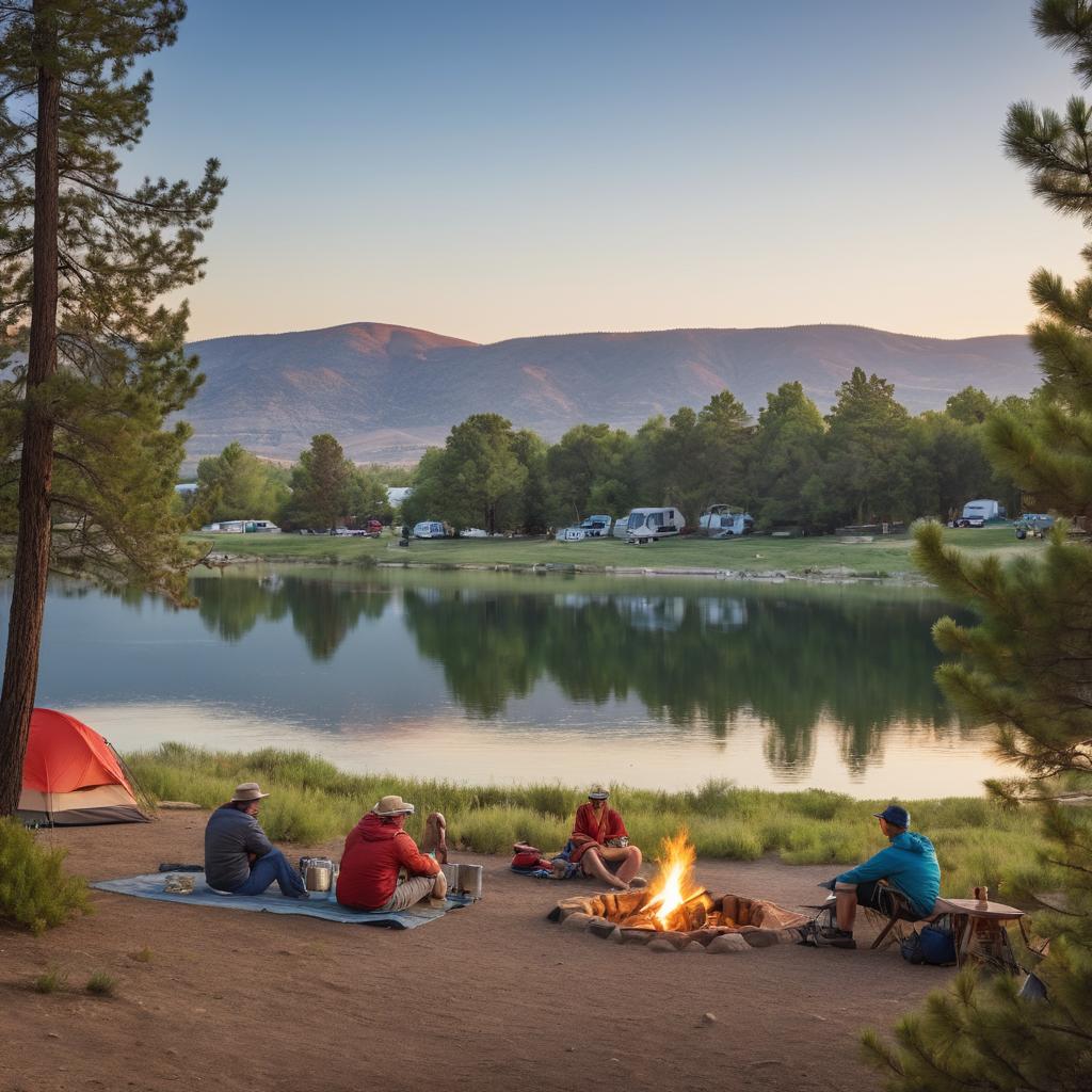 A scenic Hannaford Flat Campground image features a picturesque lake, green hills, happy campers pitching tents, a picnic area, fire pit, and leisurely strollers, all surrounded by tall trees with the Victorville skyline in the distance.