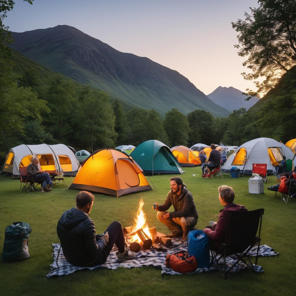 A vibrant scene at Glen Nevis Caravan & Camping Park captures campers enjoying a cozy bonfire as the sun sets behind scenic mountains, their tents pitched amidst lush greenery and laughter shared among diverse, international groups.