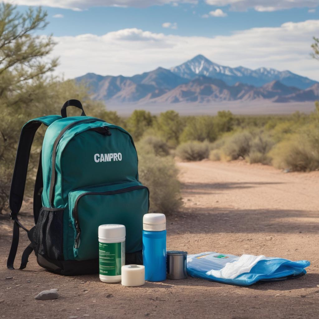 A couple's backpacks and camping gear are displayed beside a Campground or Resort signpost in Tucson, with a bus stop and city view nearby, representing the traveler's decision to utilize public transportation while preparing for their trip with an open first aid kit.