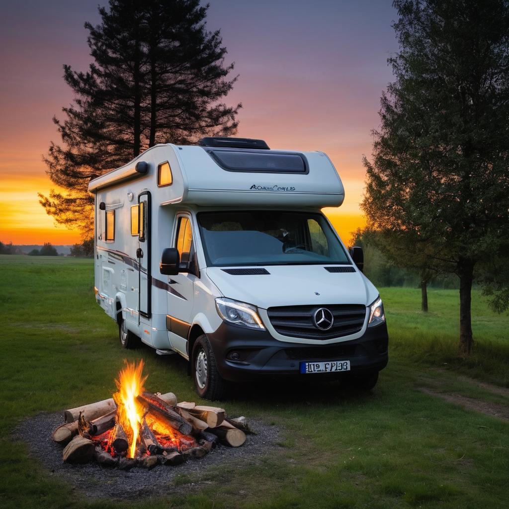 A satisfied camper, standing before his rented Mercedes Marco Polo motorhome at Camping Meyer zu Bentrup in Bielefeld, Germany, watches the sun set as he prepares a fire for a cozy evening amidst the beautiful countryside landscape and vast greenery of Bielefeld, with nearby Teutoburg Forest and Hermannsweg trail visible.