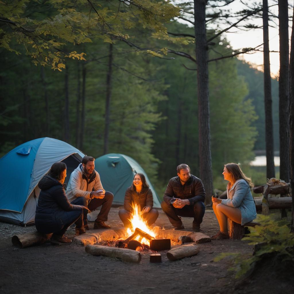 A tranquil campsite at Bear Creek Campground in Middletown is captured in this image, displaying a family of four enjoying their evening around a crackling campfire, with a hanging lantern illuminating the scene and the valley's silhouette and starry sky as backdrop; amenities include picnic tables, restrooms, showers, and a pond for fishing or relaxation.