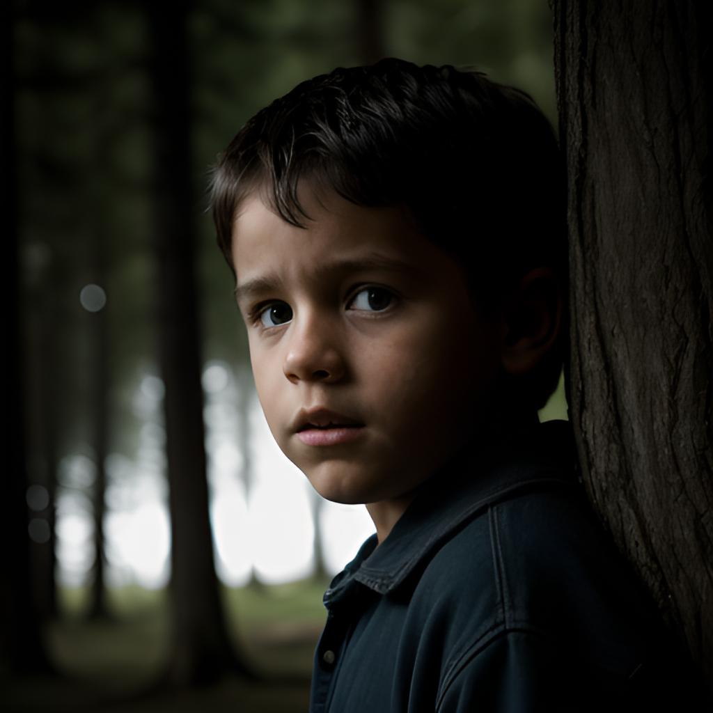 In the dimly lit campsite, John's fearful expression is frozen as he discovers the hidden danger beneath an ancient tree: a young boy with a knife at his neck, adding to the ominous atmosphere among the startled children.
