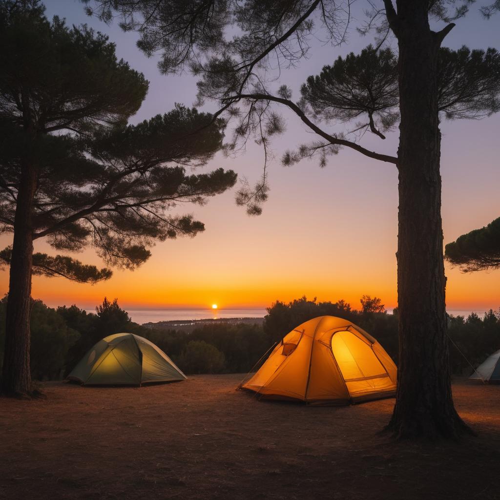 A scenic campground in Marseille, France, is captured in a still image as friends or families pitch their tent amidst lush greenery and the setting sun's warm glow; the Homair La Baie Des Anges logo adorns one tent, and a lantern hangs overhead, with St. Antoine church visible in the distance.