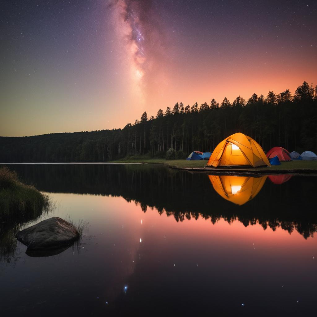 An individual stands by their tent on Wintersett Lake Caravan Park's edge, surrounded by a serene lake with the sun setting and stars appearing; they're equipped with a flashlight, a nearby bathroom, and are nestled amidst nature for an ideal camping escape from city life.