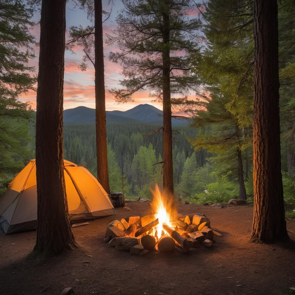 Amidst the lush greenery of Greeley, CO, a cozy tent stands between a campfire and towering trees as campers share stories under twilight, surrounded by nature's sounds and potential hazards.