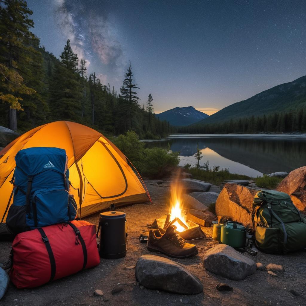 A tent is set up amidst a rustic wilderness in Wilmington, as a couple prepares for an adventure by pitching their tent under the starry night sky, with gear including a portable stove, camp chair, backpack, and headlamp, all surrounded by nature's rugged elements.