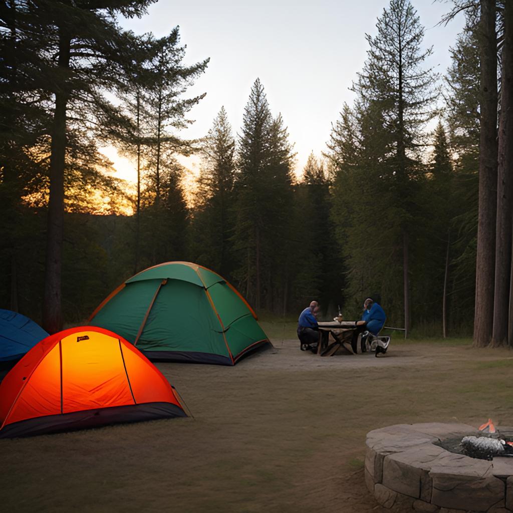 Experience the serene beauty of Frisco camping: a scenic pitch surrounded by tall trees casting long shadows as campers gather around a cozy fire, roasting marshmallows, with recreational activities nearby and a comfortable tent set up for a memorable nature retreat.